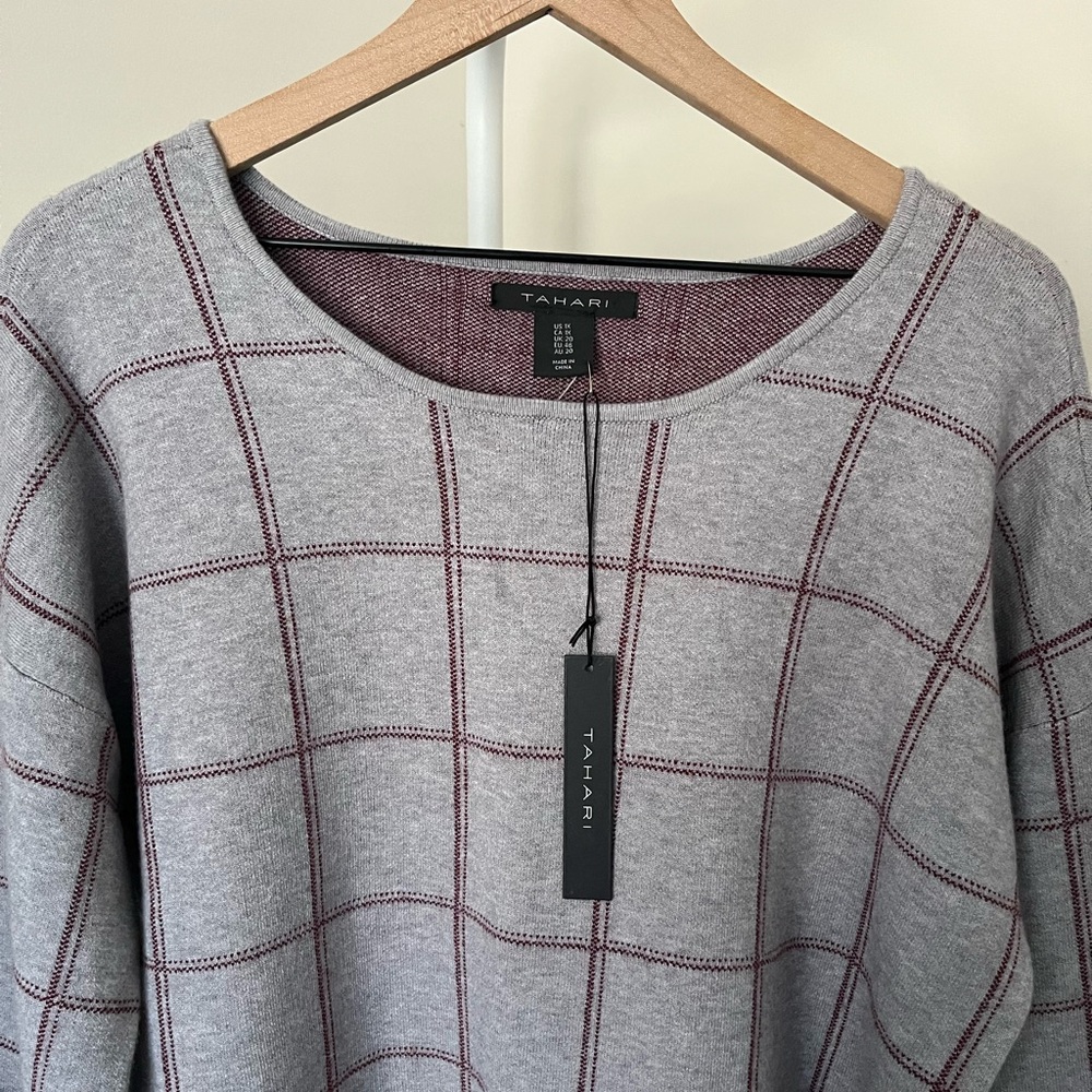 NWT TAHARI Pullover Plaid Knit Sweater Top 3/4 Sleeves Tunic Grey Red Women’s 1X - Picture 5 of 13